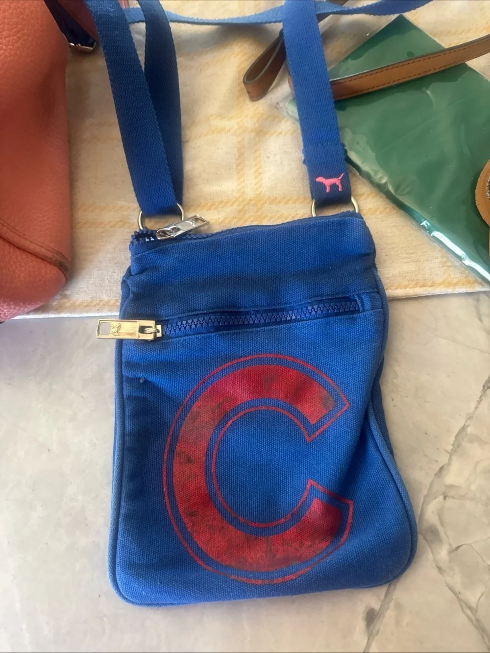 PINK Victoria's Secret Blue Canvas Crossbody with Red CHICAGO CUBS Accent